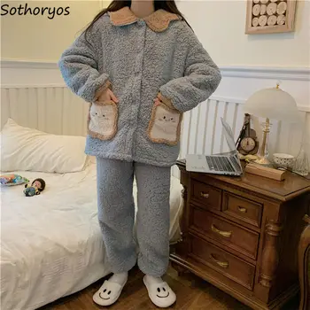 Plius Aksomo Storesnis Kawaii Koralų Vilnos Moterų Pajama Komplektai Studentų Kišenės Kratinys Korėjos Stiliaus Mados Studentai Homewear Chic