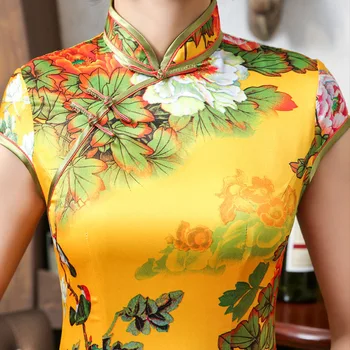 SHENG KOKOSŲ Geltona Qipao Suknelės Gėlių Derliaus Cheongsam Brokatas Ilgai Lady Vasaros Spausdinimo Stora Korsetas Chipao Suknelė XXXL 2XL