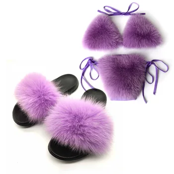 Seksualus Fox Fur Šlepetės Moterims Vasaros Furry Underwears Rinkiniai Ponios Fox Plaukų Liemenėlė ir Kelnės Moteriška EVA Namų Skaidrės