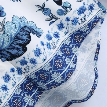 TRAF Moterų 2021 Mados Mėlynos ir Baltos spalvos Porceliano Atspausdinta Marškinėliai Retro ilgomis Rankovėmis Susegamas Palaidinė Blusas Streetwear