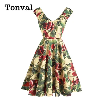 Tonval V-Kaklo Botanikos Spausdinti 50s Pinup Aukšto Juosmens Derliaus Suknelės Moterims 2021 Rankovių-Line Elegantiškas Šalis Suknelė