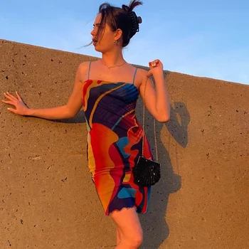 Vasaros moterų suknelė 2021 seksualus maišelį hip-line Sijonai tiktų Plonas apynasrio diržas nustatyti, suknelės, Šaliai, abstrakčiai spausdinti akių Dirželis Paplūdimys