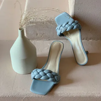 Vasaros naują stilių austi stiletto sandalai ir šlepetės kvadratinių kojų open-toe aukštakulnį atostogų strappy šlepetės moterims