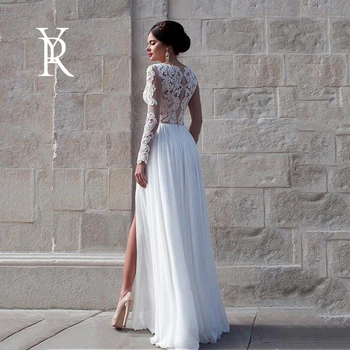 YILIBER Nėrinių vestuvių suknelė paprasta, v-kaklo, ilgomis rankovėmis nuotakos suknelės temperamentas šifono splitas šakių uodegų užsakymą