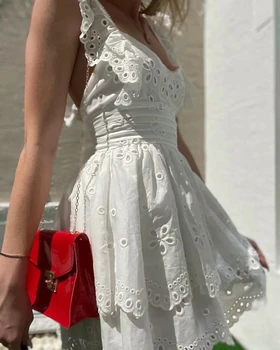 Za suknelė ponios 2021 mados derliaus siuvinėjimo balta mini suknelė ponios sexy V-kaklo, atvira nugara slim-fit suspender medvilnės suknelė