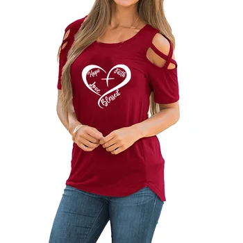 Širdies Vilties, Tikėjimo, Meilės Palaiminti Spausdinti Marškinėlius Medvilnė Rankovės Juokinga 2020 Metų Vasaros Femme peties tuščiaviduriai nėrinių marškinėliai