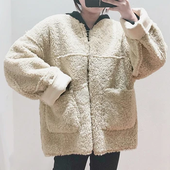 Žiemos Šiltas Pliušinis Kailis Korėjos Stiliaus Moteris Kišenės Prarasti Atsitiktinis Striukė Drabužius, Visiškai Rankovėmis Apvalios Kaklo Elegantiškas Teddy Outwear