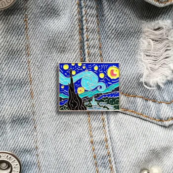 10vnt/Daug Animacinių filmų Aukso Van Gogh Aliejaus Tapybai Žvaigždėtą Sun Moon Emalio Sagės Papuošalai Ženklelis Noras Pin Moterų Užsakymą Dovana
