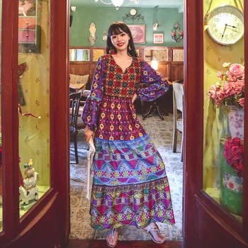 2021 M. Rudens Mados Sluoksnių Gofruotasis Sūpynės Gėlių Siuvinėjimas Maxi Suknelė Elegantiškas Apdaras Femme Arabijos Musulmonų Omanas Ilgomis Rankovėmis Suknelė