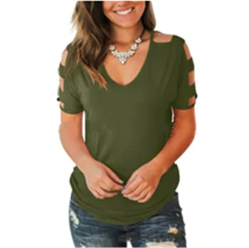 2021 Naujas Vasaros Moterų Viršūnės V-Kaklo Medvilnės T Shirts Solidcolor Trumpas Rankovės Tees Atsitiktinis Palaidų Pijus Dydis Femmel T-Shirt