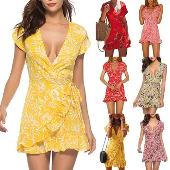 2021 Vasaros Gėlių Lapų Spausdinimo Moterų Suknelė Susiėmę Tvarstis Seksualus Giliai V Kaklo Mini Suknelė Trumpomis Rankovėmis Beach Suknelė Vestido De Mujer