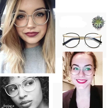 Auksiniai moteriški akinių rėmeliai Retro Apvalus metalinis rėmas kompiuterį išvalyti akinius moterims, Katės akis skaidri, akinių rėmeliai