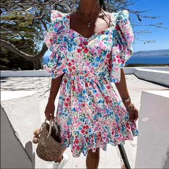 Boho Suknelė Vasaros Drugelis Rankovės Gėlių Spausdinti Suknelė 2021 Moterų Ruffl Backless Nėriniai-up Sundress Linijos, Paplūdimio Suknelė