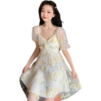 Elegante Prairie Prašmatnus Harajuku Kawaii Smėlio Seksualus V-Kaklo Nėrinių Suknelės Sundresses Vasaros Suknelė Moterims Vestido De Mujer 2021 Naujas