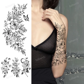 Gėlių laikina tatuiruotė rankovės raištį netikrą tatuiruotę moters eskizas, gėlės, rožė, bijūnas saulėgrąžų moterų tatuiruotės vandeniui