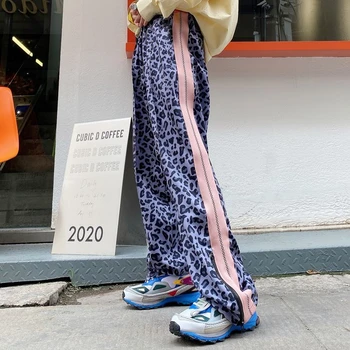 Harajuku Poilsiu Pink Leopard Print Atsitiktinis Kelnės Plačios Kojos Sweatpants Moterų Kelnės Aukštu Juosmeniu Kelnės Paauglių Streetwear 2021