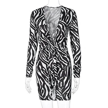 Hugcitar 2020 Zebra Print Long Sleeve V-Kaklo Tvarstis Seksuali Mini Suknelė Rudens Žiemos Moterų Mados Streetwear Komplektus Šalis Nešioti