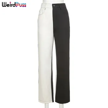 Keista Puss Y2K Medvilnės Moterų Aukšto Liemens Kelnės Tiesios Black&White Kratinys Džinsai Vintage Mados Streetwear Slim Džinsinio audinio Kelnės