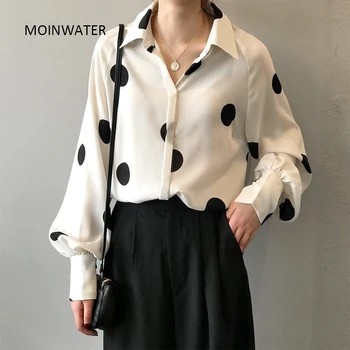 MOINWATER Moterų Baltos spalvos Marškinėliai Lady Šifono Black Dot Topai Marškinėliai Moteriška Mada Palaidinė MST2003