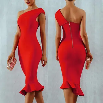 Mados Elegantiškas Moterų Suknelės, Seksualus vientisos Spalvos Berankovė Vieną Petį Žuvies Uodegos Apačia Bodycon Midi Suknelė 2020 Slim Moterų vestido