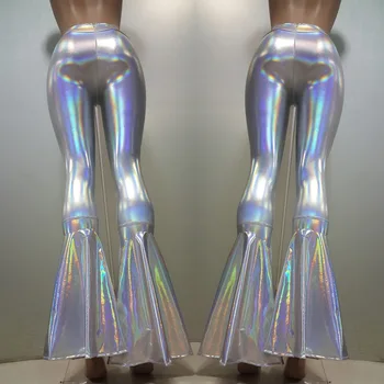Moteris Juoda Holografinis Blyksnius Bell Bottom Kelnės, Antblauzdžiai Rave Festivalyje Drabužių Komplektus Derliaus High Waisted Kelnės, Antblauzdžiai