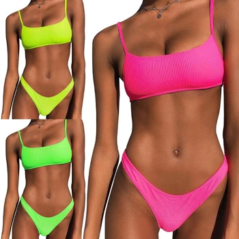 Moterų Sexy 2vnt Bikini Komplektas Bandeau Briaunoti maudymosi kostiumėlį Neon vientisos Spalvos Maudymosi Kostiumą XX9D