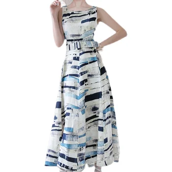 Nauja Ilga Suknelė Vasaros Moterų Mados Tvarstis Vidurio Blauzdos Rankovių Paplūdimio Spausdinimo Suknelė Linijos Suknelė Vestido Su Diržu