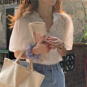 Naujas 2021 m. Vasarą Autunm moteriškos Palaidinės Siuvinėjimo Saldus korėjos Stiliaus Elegantiška Vintage Marškinėliai V-Kaklo Balta Laukinių Lady Viršūnes BL9227