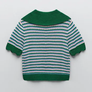 Naujas moterų 2021 m. pavasario ir vasaros retro mados lėlės apykaklę, trumpas rankovėmis papuošalai mygtuką dryžuotas megztinis megztinis viršų
