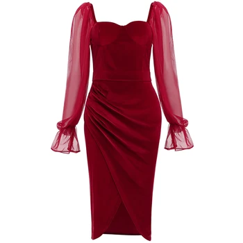 Nemokamas Pristatymas Didmeninė 2021 Moterų Suknelė, Raudonas Vynas, Flanelė ilgomis Rankovėmis Mados Seksualus Įžymybė Kokteilis Suknelė