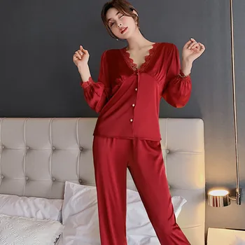 Net raudona pižama pavasarį ir vasarą viskozė chalatas moterų kostiumas palace stiliaus atsitiktinis namų drabužius, šilkiniai naktiniai marškiniai, pižamos pižamos moterims