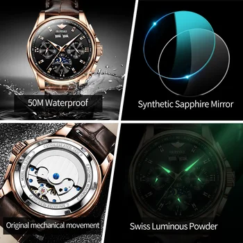 OUPINKE Vyrų Klasikinio Automatinis Mechaninis laikrodis atsparus Vandeniui Odinis Dirželis Šveicarijos Judėjimo Aukštos Kokybės Laikrodžiai
