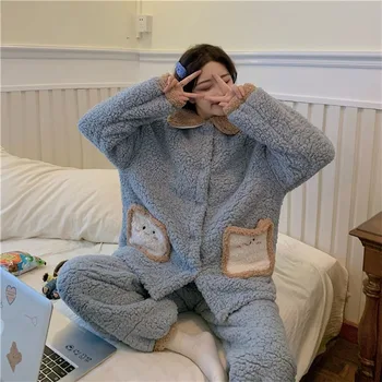 Plius Aksomo Storesnis Kawaii Koralų Vilnos Moterų Pajama Komplektai Studentų Kišenės Kratinys Korėjos Stiliaus Mados Studentai Homewear Chic