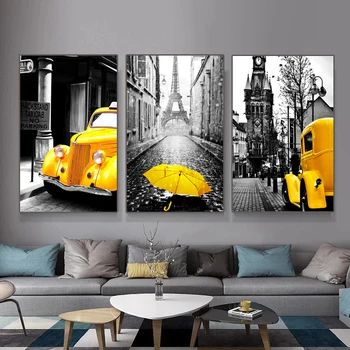 Retro Europos miesto panoramos Vaizdą Meno Tapybos Geltonas Automobilis ir Skėtis, Plakatų ir grafikos Namų Kambarį Sienų Apdaila