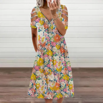 Retro Gėlių Spausdinti Ilga Suknelė Moterims 2021 Elegantiškas Tuščiaviduriai Iš Trumpomis Rankovėmis Atsitiktinis Suknelė Vasaros Mados Užtrauktukas V-Kaklo Šalis Suknelės