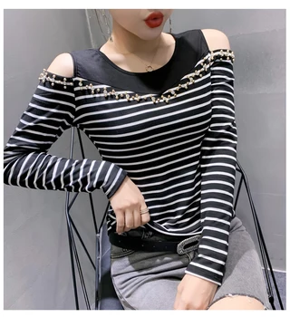 Rudenį, Žiemą korėjiečių Drabužius T-shirt Mados Seksualus Kratinys Off Peties Duobute Medvilnės Moterų Viršūnių Ropa Mujer Tees 2020 T08610L