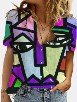 S-3XL Mados Geometrijos 3D Spausdinimo Vasaros Marškinėliai Moterims Atvartas trumpomis Rankovėmis Mygtuką Lady Office Marškinėliai Moteriška Streetwear Dydžio Palaidinukės
