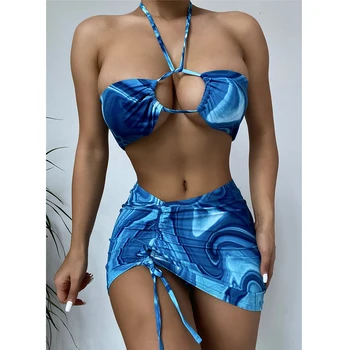 Seksualus Tuščiaviduriai iš bandeau bikini 2021 Akių sijonas maudymosi kostiumėlį moterų plaukimo kostiumas Aukšto juosmens maudymosi kostiumėliai, Mėlyna spausdinti maudymosi kostiumas