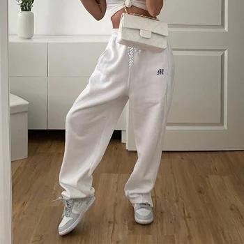 Streetwear Raišteliu Siuvinėjimo Pusėje Užtrauktukas Balta Sweatpants Poilsiu Moterų 2021 Harajuku Plačios Kelnės Hip-Hop Y2k Kelnes Capris