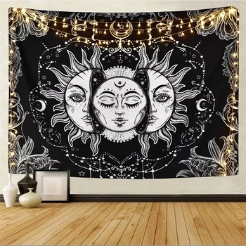 Sun Moon Mandala Žvaigždėtas Dangus Gobelenas Baltas Juodas Sienos Kabo Bohemijos Čigonų Psichodelinio Tapiz Astrologija, Raganavimas Gobelenas