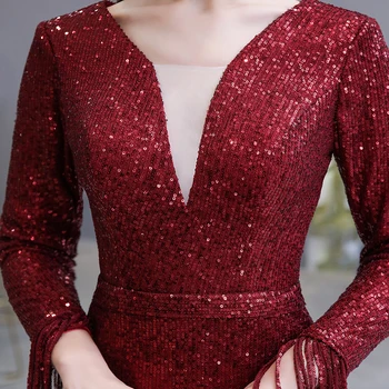 Tamsiai Raudoną vakarinę Suknelę 2020 Spalvingas Pasinėrus V-Kaklo Iliuzija China Plisuotos ilgomis Rankovėmis Undinė Oficialų Suknelė chalatas de soiree