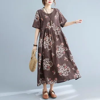 Trumpas rankovės medvilnės derliaus gėlių suknelės moterims atsitiktinis palaidų ilgai moteris, vasaros suknelė elegantiškas drabužius 2021