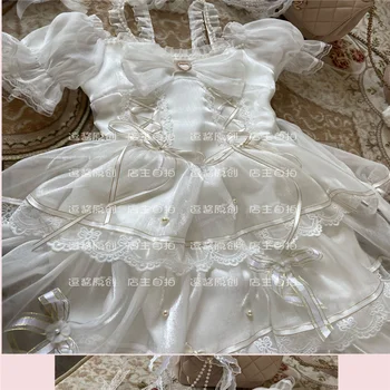 Vestuvinė Suknelė Lolita Girls Saldus Spalvingas Lo Baltos Suknelės Princess Arbatėlė Palace Moteris Vestuvių Suknelė Prancūzų Pasakų Lankas Pynimas