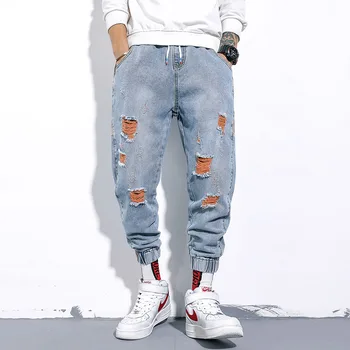 Vyrų Kankina Laisvi Džinsai Kratinys Elastinga Juosmens 2021 Vyrų Mados Džinsinio audinio Kelnės Streetwear Jeans Blue Bėgiojimo Kelnės 4XL