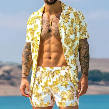 Vyrų Rinkiniai Havajų Marškinėliai Mados Spausdinti Trumpas Rankovės šortai rinkiniai vyrų Vasaros Atsitiktinis Paplūdimio Trumpas OutfitsTwo dalių Kostiumą Drabužių