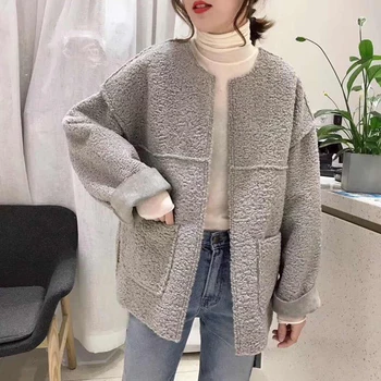 Žiemos Šiltas Pliušinis Kailis Korėjos Stiliaus Moteris Kišenės Prarasti Atsitiktinis Striukė Drabužius, Visiškai Rankovėmis Apvalios Kaklo Elegantiškas Teddy Outwear
